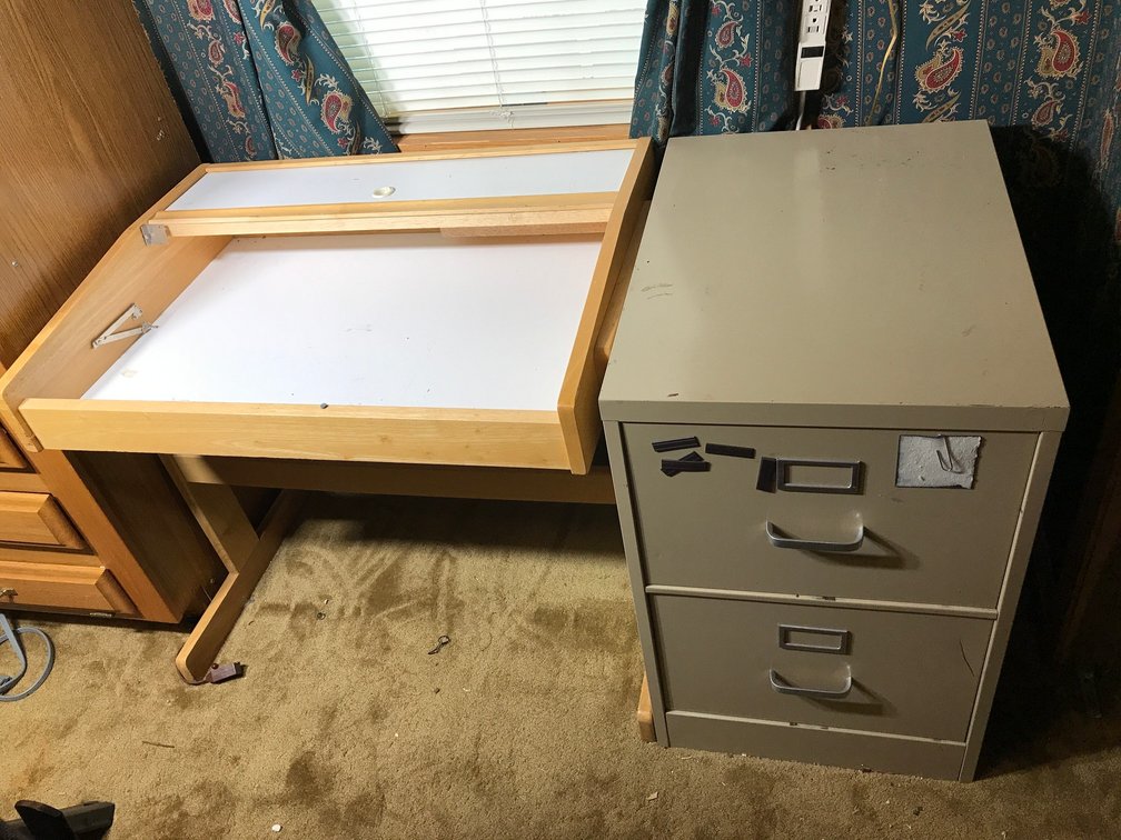 2 Drawer metal file cabinet, wooden table