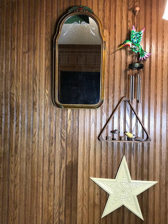 Vintage hanging mirror, wind chimes, pool ball triangle, misc.