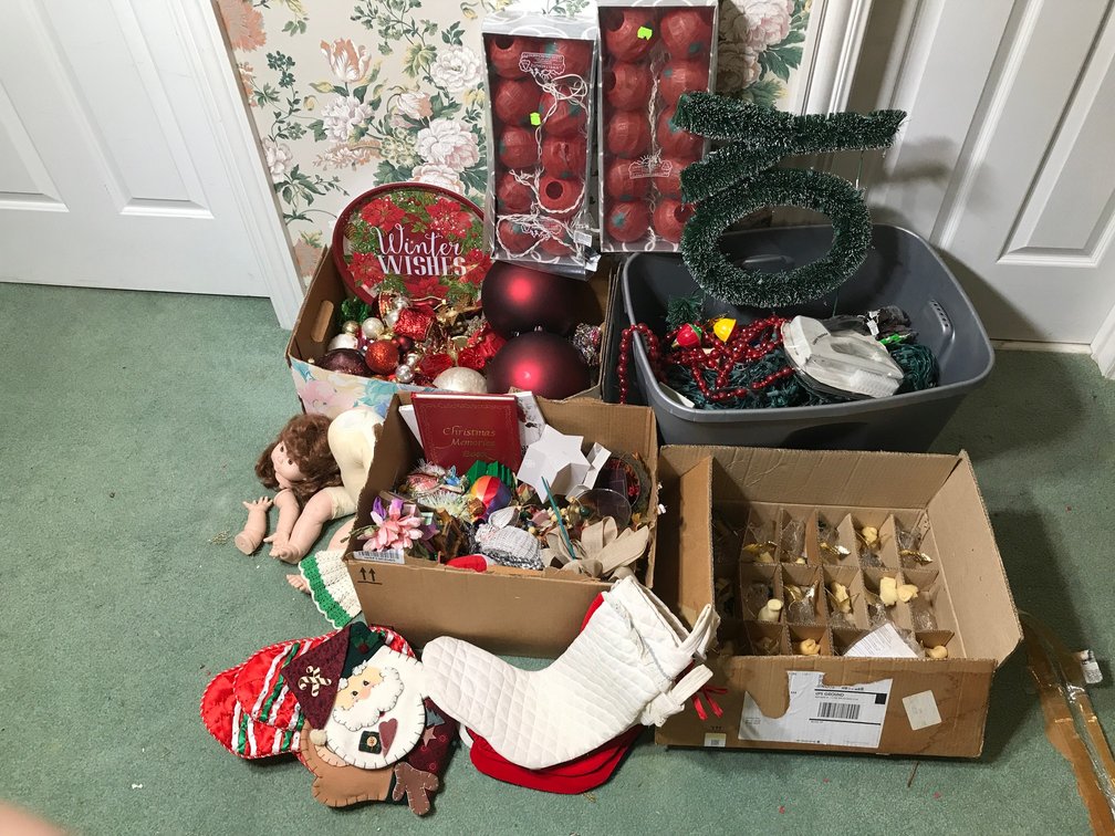 Large lot of Christmas items, doll, Angel Ornaments