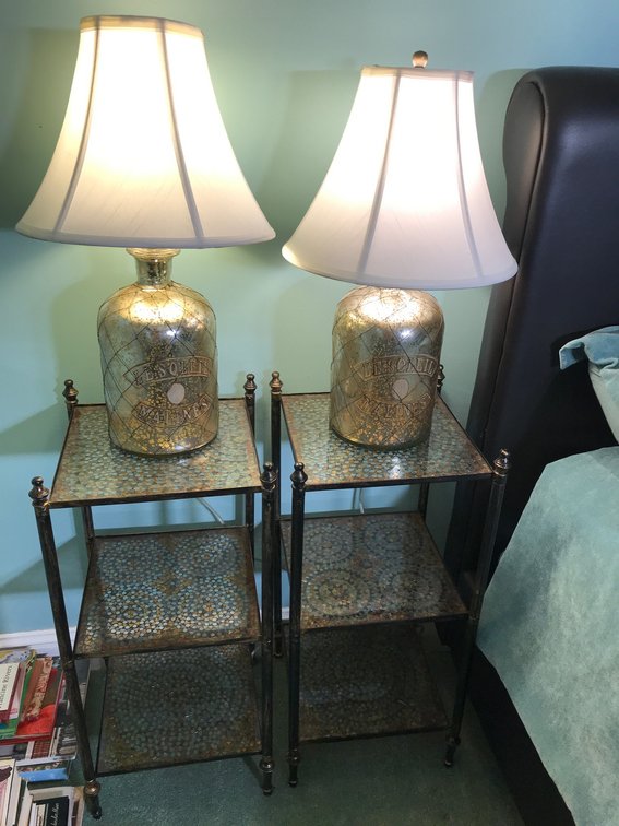 Two 3 shelf side tables with matching pair of lamps