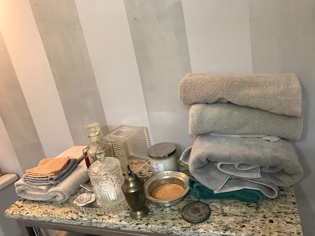 Glass and metal dishes, towels, washcloths, etc.