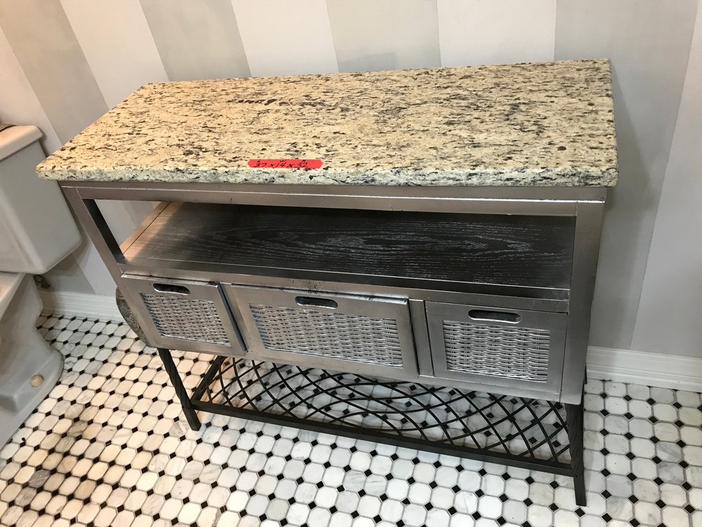 Marble top table with wicker drawers and metal base