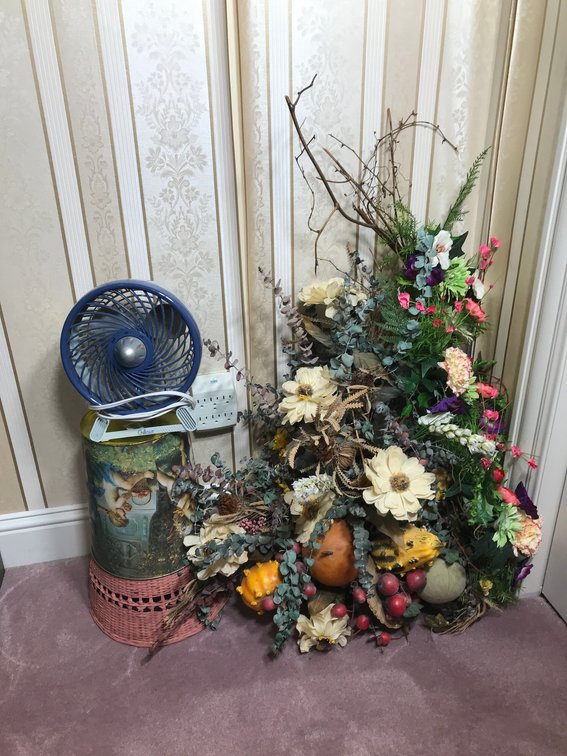 Floral arrangements, electric fan, misc.