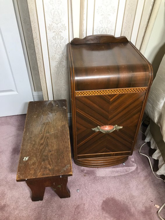 Wooden side stand with door, small wooden bench