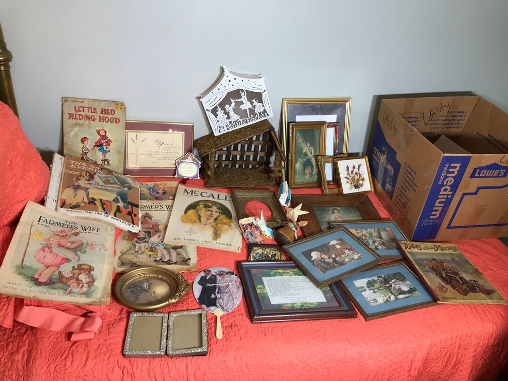 Vintage books and magazines, wall hangings, manger, etc.
