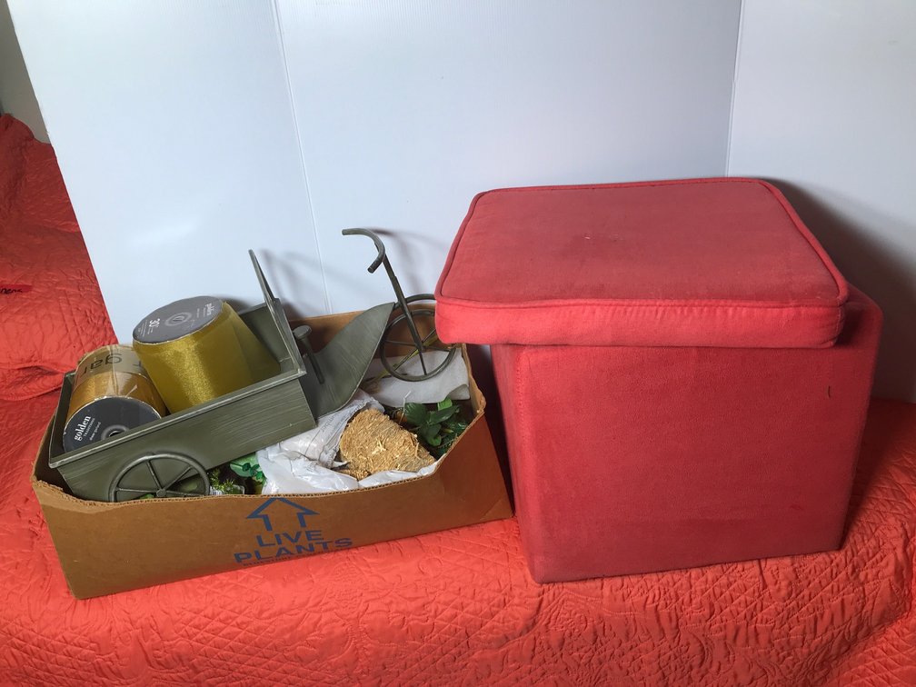 Ribbon, heart shaped planter, ottoman with removable top, etc.