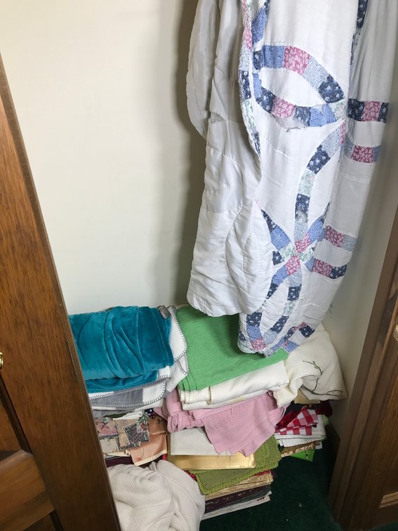 Quilt top, blankets, tablecloth, misc.