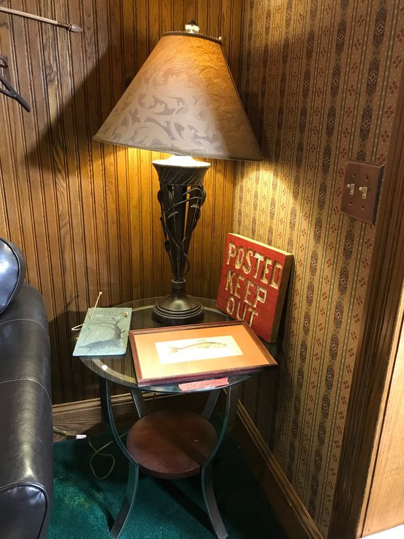 Electric lamp, glass top table, wall hangings, etc.
