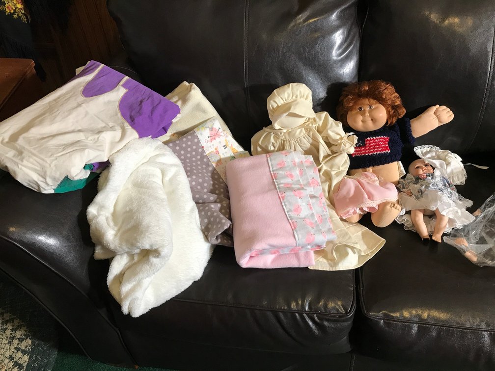 Baby dolls, Cabbage Patch doll, blankets, etc.