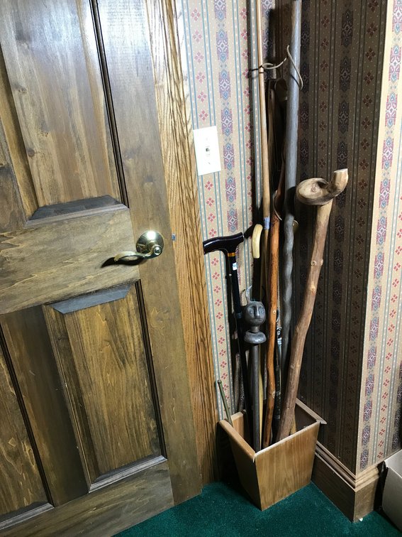 Collection of canes, walking sticks, Ken Griffey Jr baseball bat