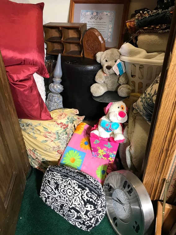 Clock, stuffed animals, blankets, decorative items, etc.
