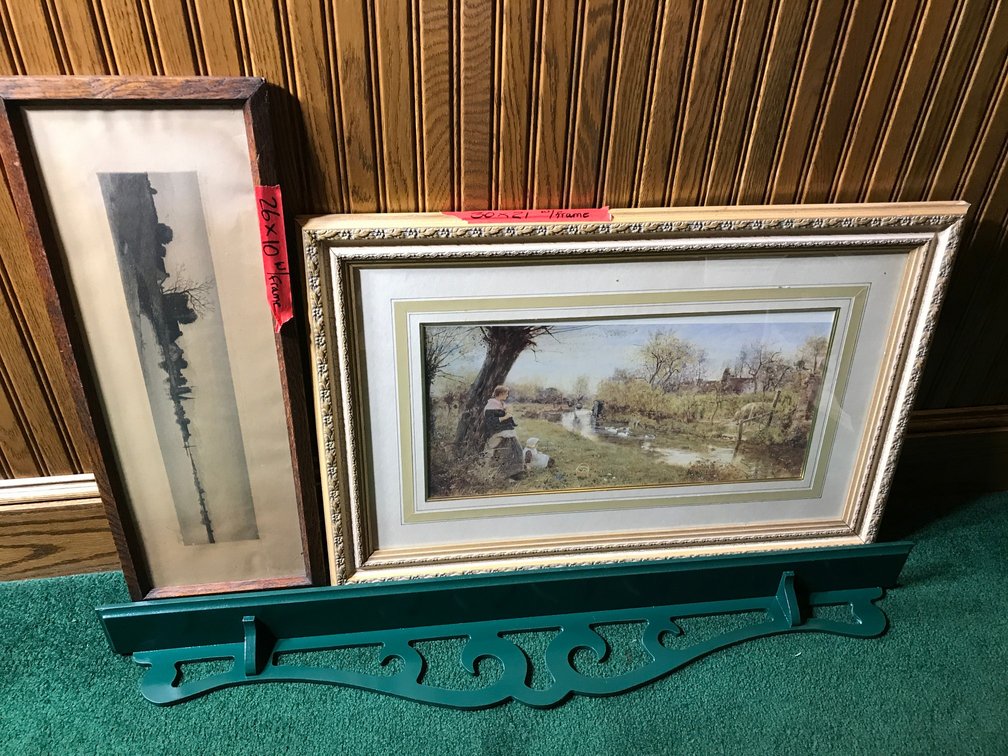 2 Framed prints, wooden shelf