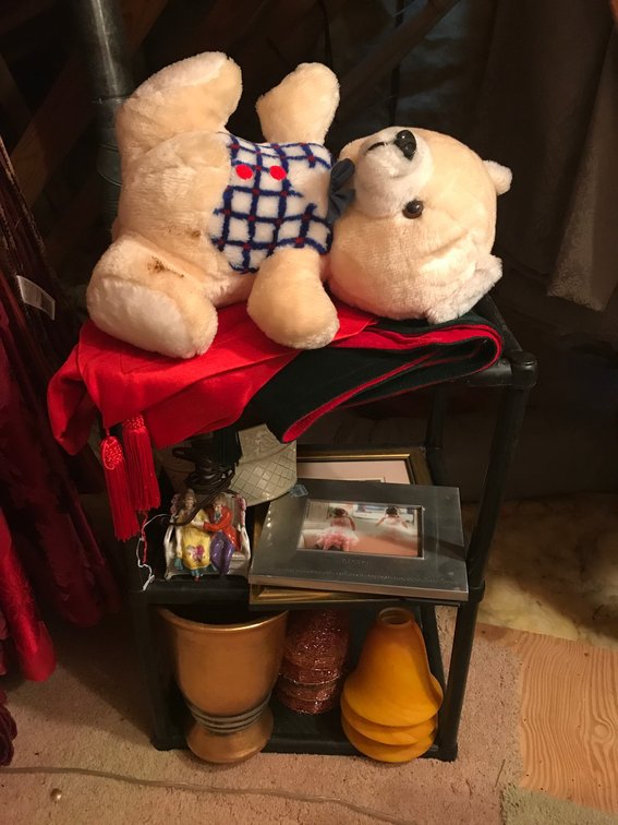 Teddy bear, Victorian lamp, light shades, picture frames, etc.