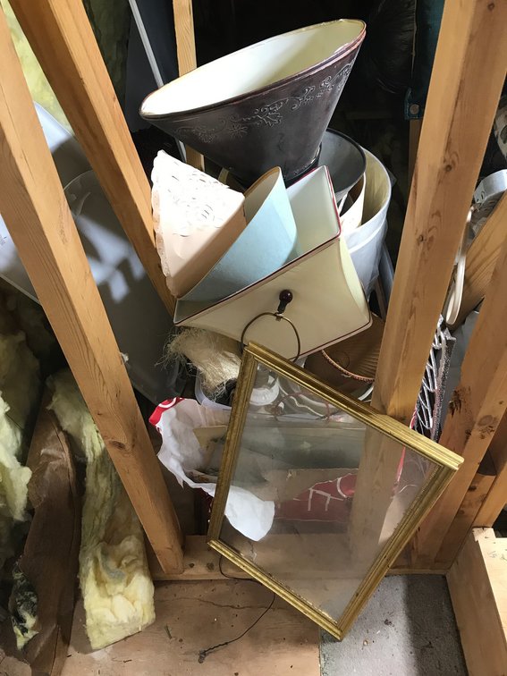 Large collection of lampshades, picture frames, electric lamp