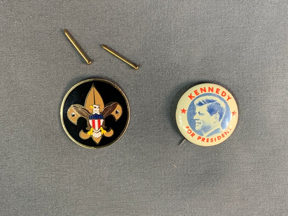 Kennedy for President button pin and BSA emblem