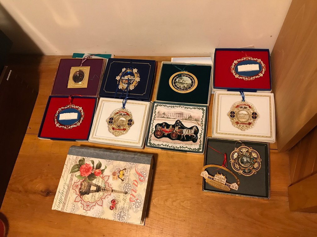 Christmas ornaments, tree hangings, boxes