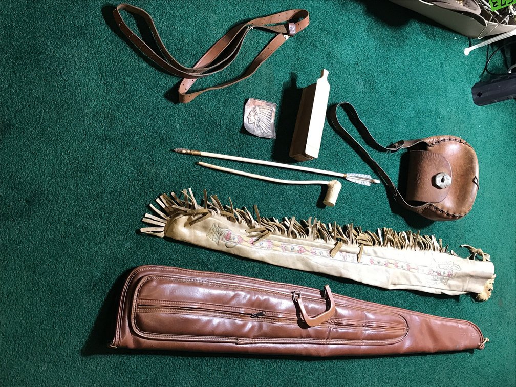 Rifle gun cases, leather pouch, pipe, arrow, turkey call, etc.