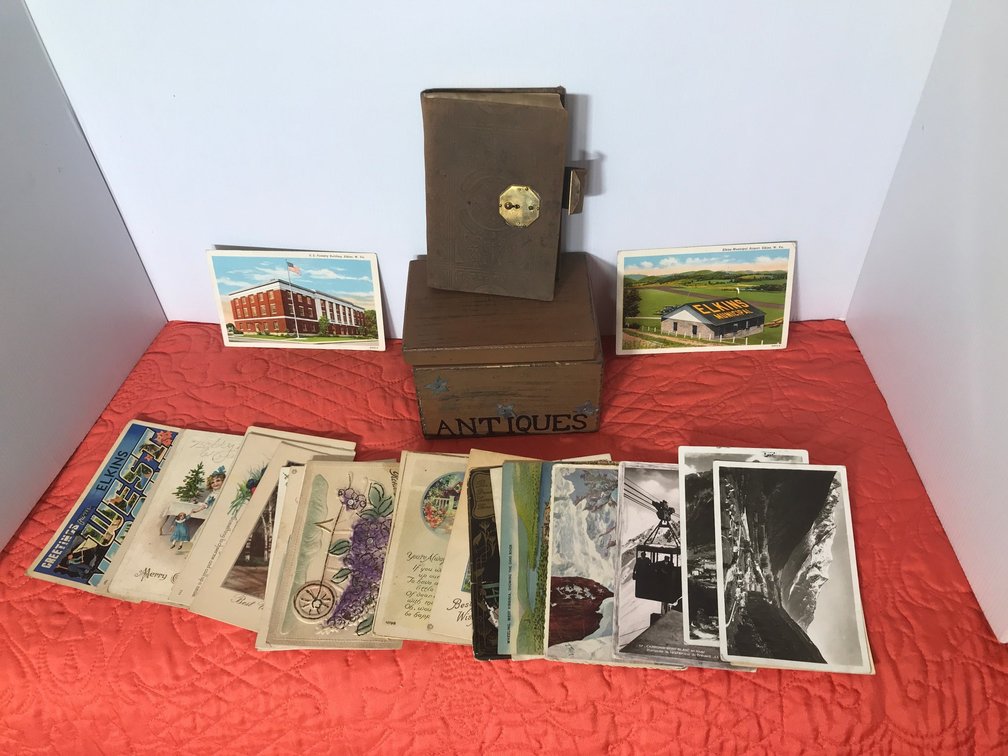 Postcards, 1920's diary, small wooden box