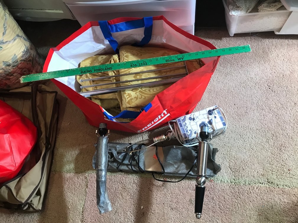 Electric lights, lamp, linens, Elkins yardstick, misc.