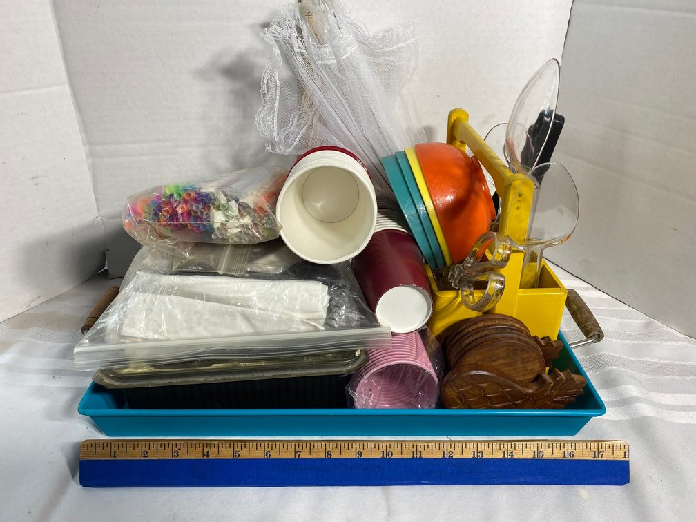 BLUE TRAY WITH ASSORTED PICNIC SERVING ITEMS ON IT