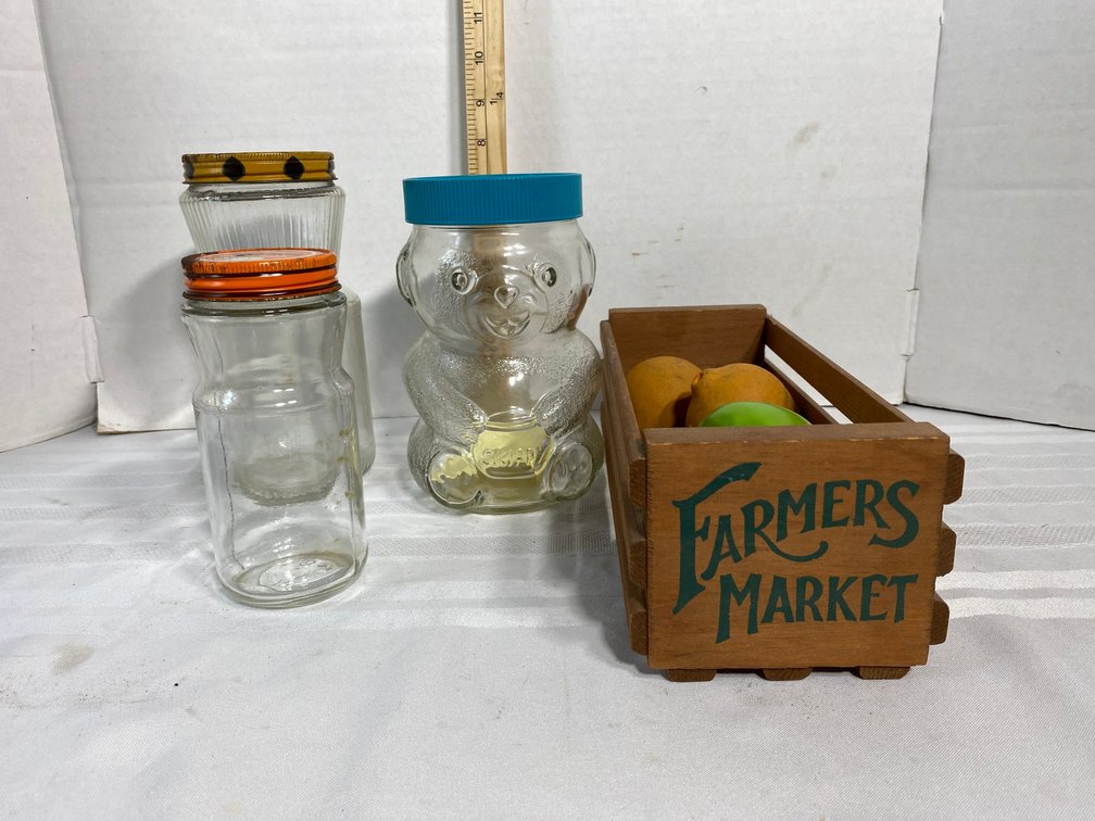 COLLECTION OF FAUX FRUIT IN NEWER WOODEN CRATE MARKED FARMERS MARKET