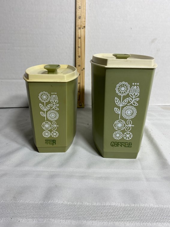 PAIR OF AVOCADO AND CREAM-COLORED CANISTERS