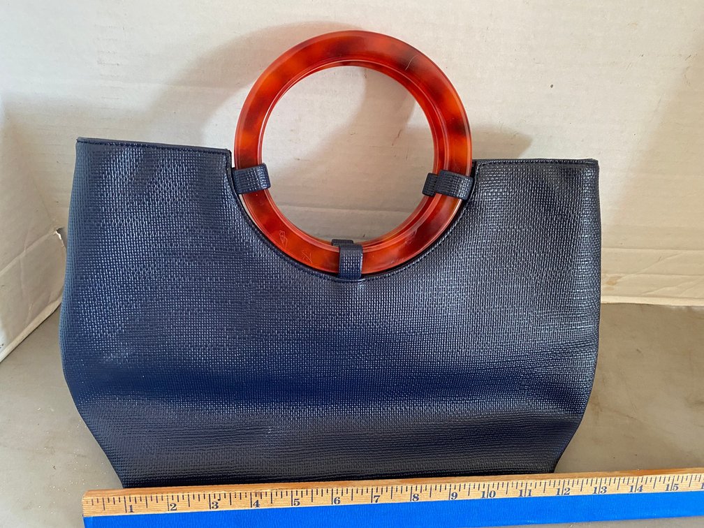 PRESTON AND YORK BAG WITH ACRYLIC OR POSSIBLY BAKELITE STYLE HANDLE