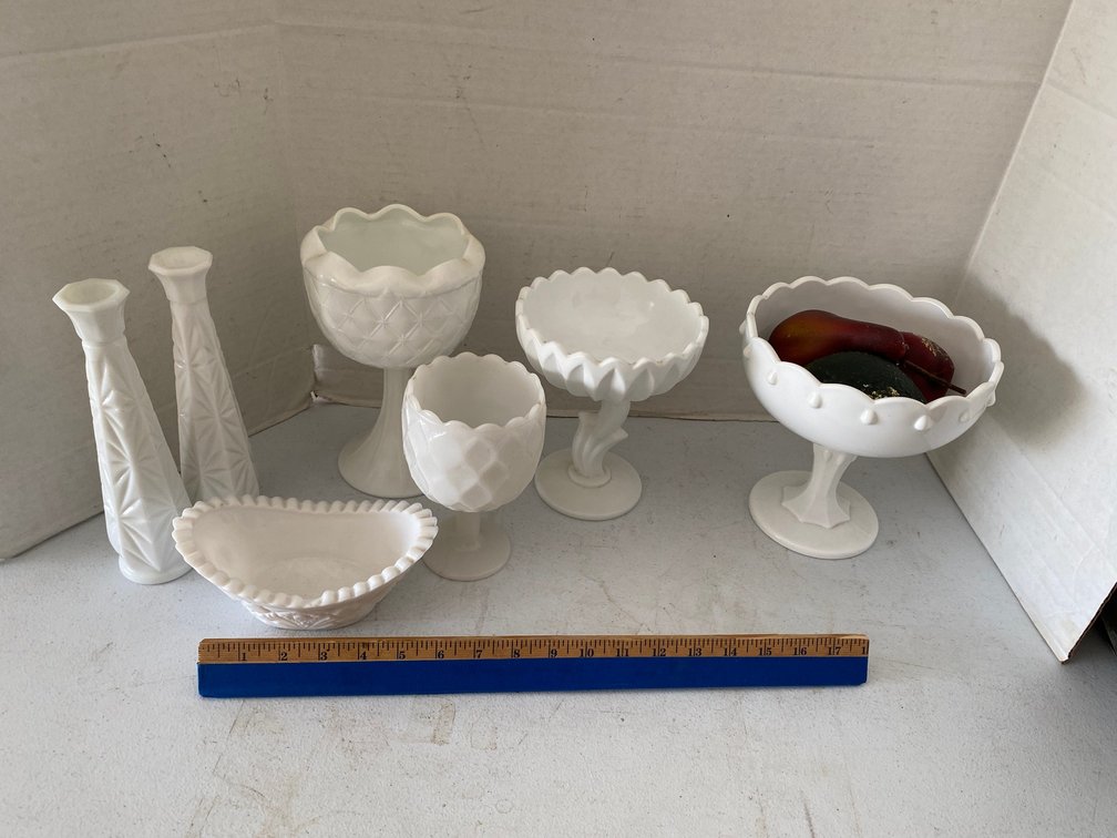ASSORTED WHITE MILK GLASS VASES BOWLS