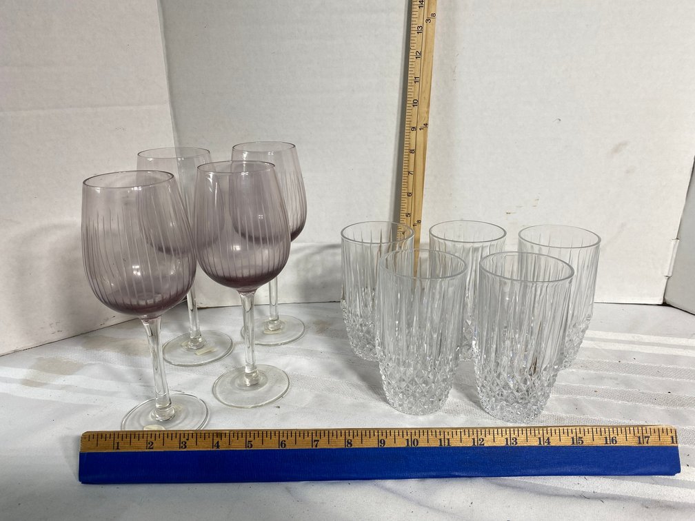 INCLUDES A SET OF FOUR ETCHED GLASS WINE GLASSES