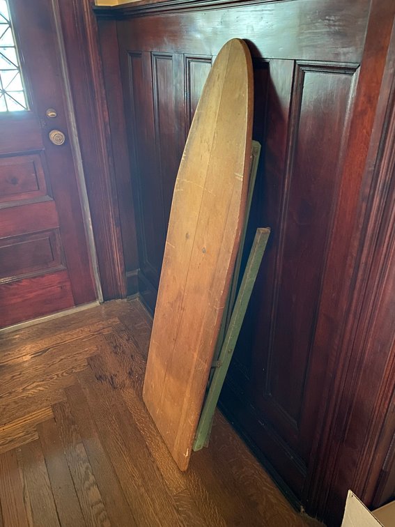 VINTAGE WOODEN IRON BOARD WITH GREEN PAINTED LEGS