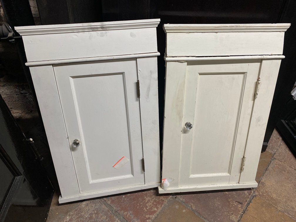 TWO ANTIQUE MEDICINE CABINETS WITH WOOD TRIM FRAMES