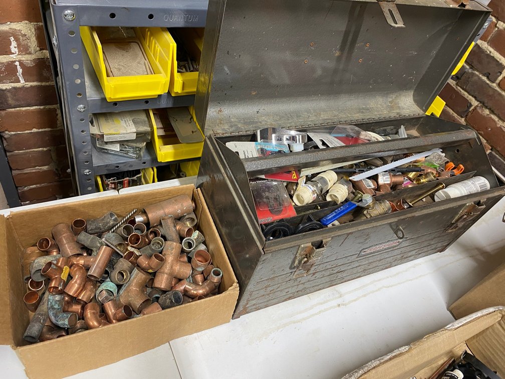 CRAFTSMAN METAL TOOLBOX WITH COPPER AND BRASS PIPE FITTINGS AND PLUMBING SUPPLIES