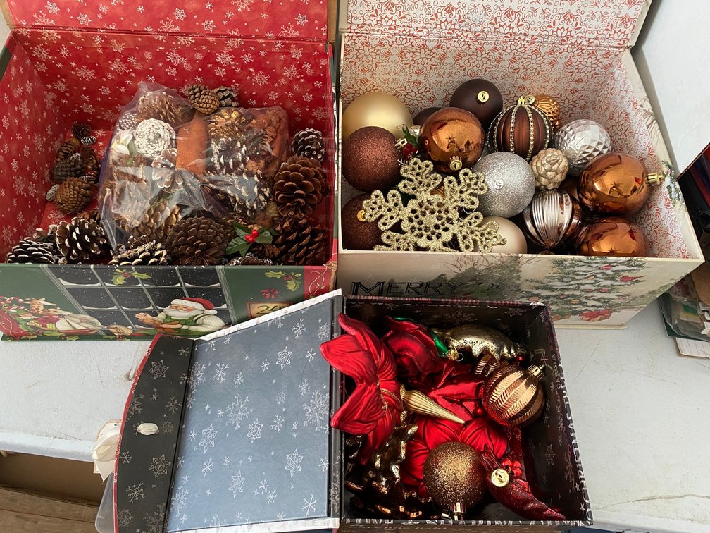 THREE HOLIDAY GIFT BOXES WITH ORNAMENTS