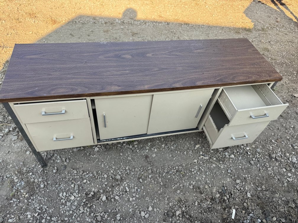 Metal credenza with wood-grain top