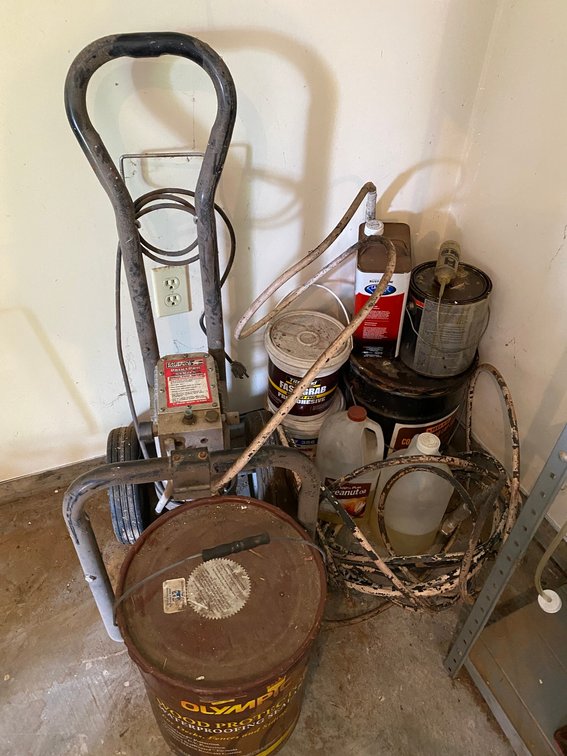 Partial cans of paints, wood protector, Campbell Hausfeld Paint Pro Series airless paint sprayer**unknown condition**