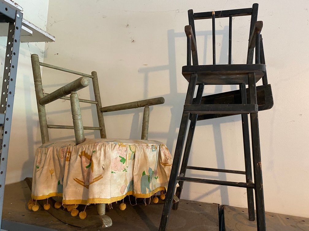 Early wooden doll high chair, vintage child's rocker