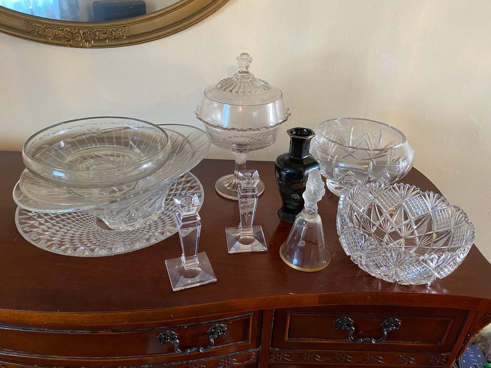 Glass bowls, vases, candlesticks