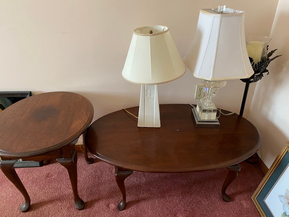 Oval coffee table, lamp table with 2 lamps, candle stand