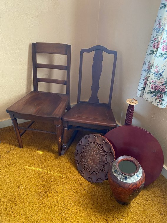 Rocking chair, straight wooden chair, carved elephant wood design, vase, round table that needs repaired