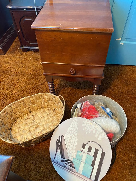 Early sewing cabinet with Jenny Lind legs, sewing supplies