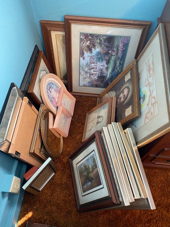 Assortment of framed prints, mirrors, frames