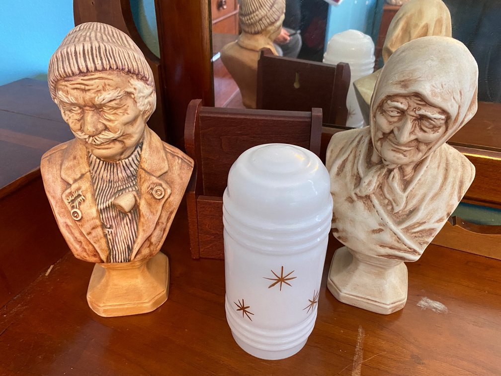 Two 10" tall bust statues, vintage glass light cover