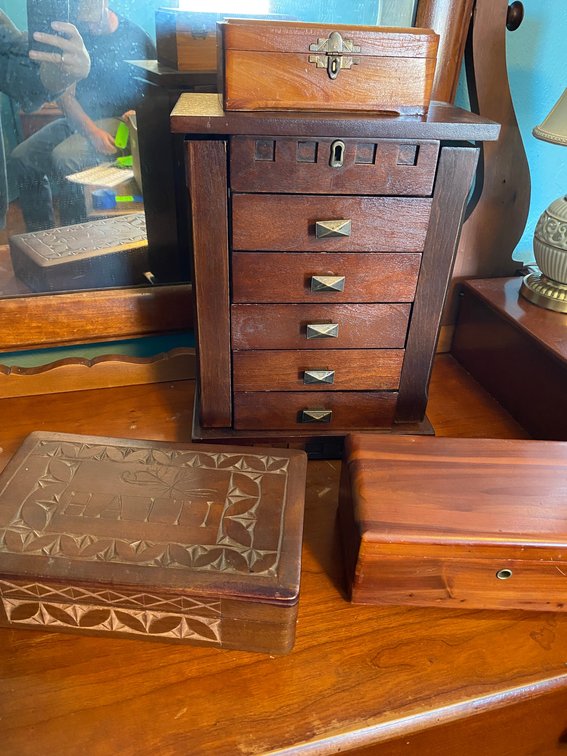 Jewelry boxes-1 is Lane Cedar chest sample from Franklin Furniture Company-Uniontown, Pa-with some rosaries in it