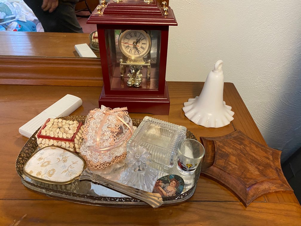 Dresser tray with brush, clock, smoke bell