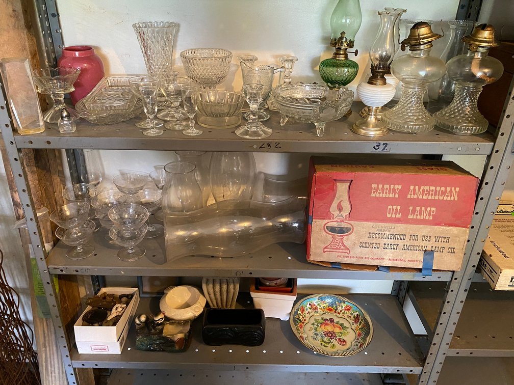 Oil lamps, glass bowls, vases, planters, decorative bowl, vintage early American oil lamp box