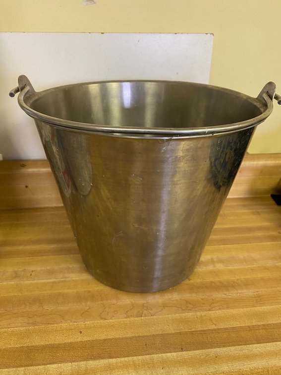 Stainless bucket with handle marked NFS on bottom-12" diameter, 10" deep