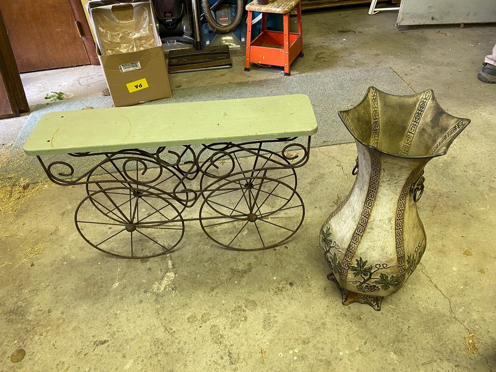 24" tall metal decorator vase, decorator stand-7 1/2" wide x 29 1/2" long x 19" tall with metal decorator wheels