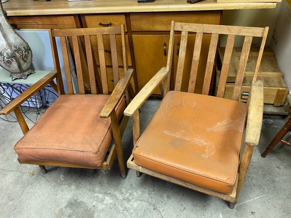2 Wood framed mid-century style chairs with bottom cushions that need cleaned