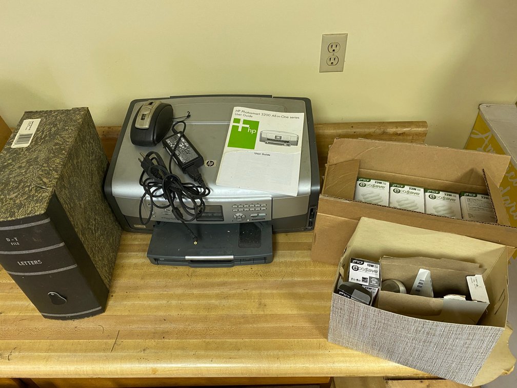 HP Photosmart 3210 all in one printer,  scanner, copier, lightbulbs, letter file box