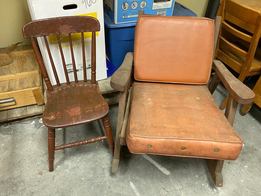 Wooden chair, redwood style rocking chair with cushion which needs cleaned
